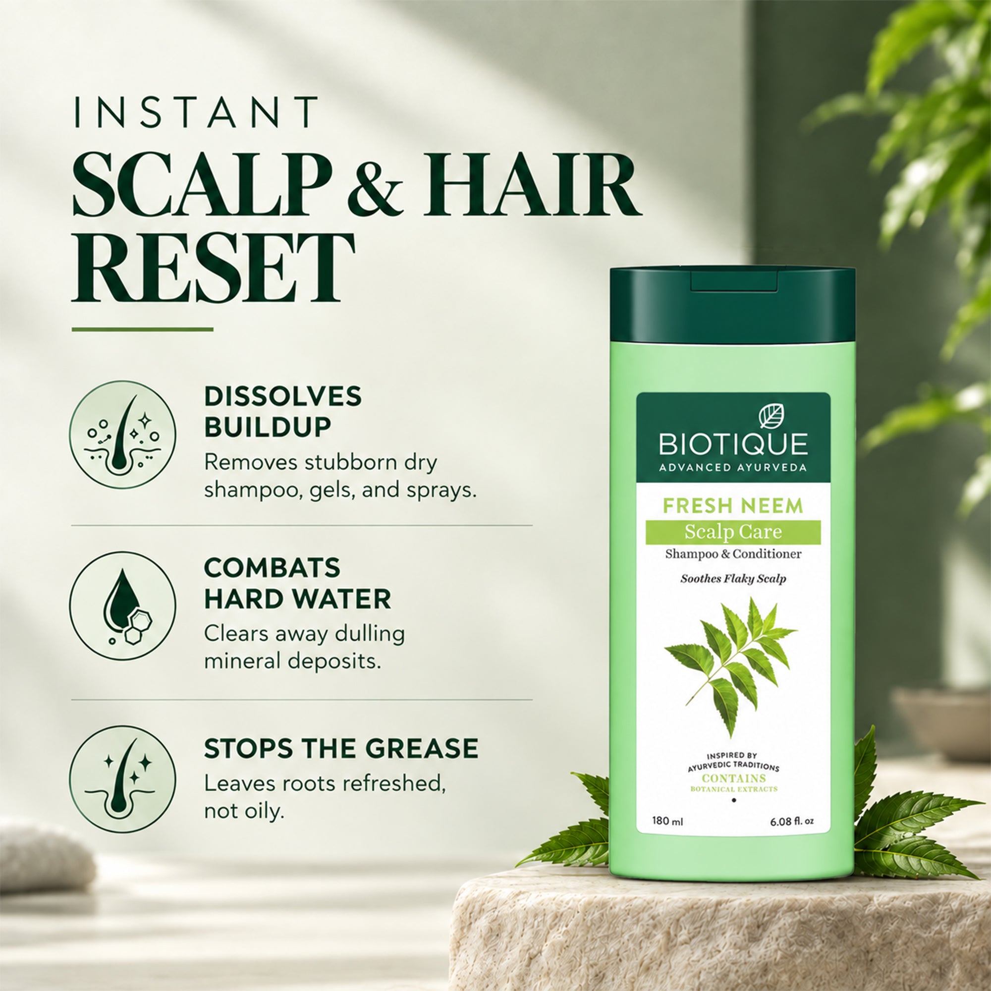 Biotique fresh neem 2-in-1 clarifying shampoo & conditioner for oily scalp, removes buildup & excess oil, lightweight clean feel, daily use, all hair types, 6 fl.oz