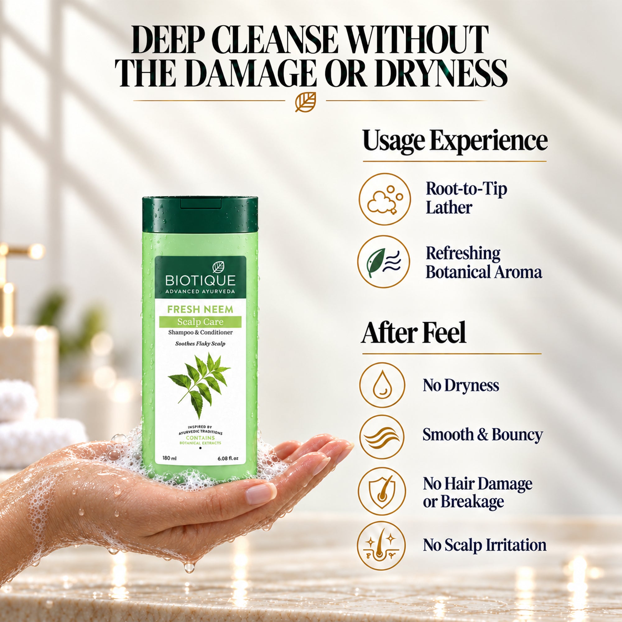 Biotique fresh neem 2-in-1 clarifying shampoo & conditioner for oily scalp, removes buildup & excess oil, lightweight clean feel, daily use, all hair types, 6 fl.oz