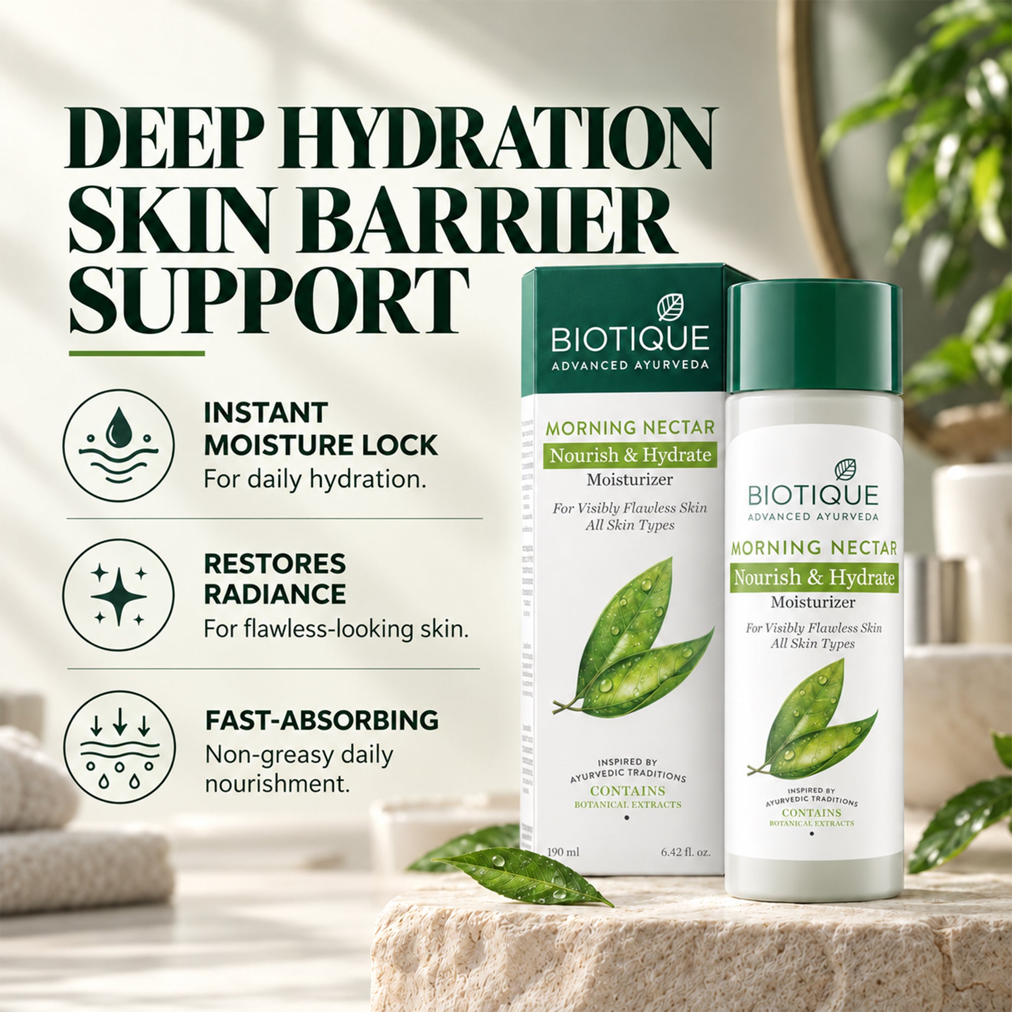 Biotique morning nectar hydrating face moisturizer for dry & normal skin, lightweight daily face cream for soft, smooth & glowing skin, non-greasy, honey & botanical extracts, 6.4 fl. oz