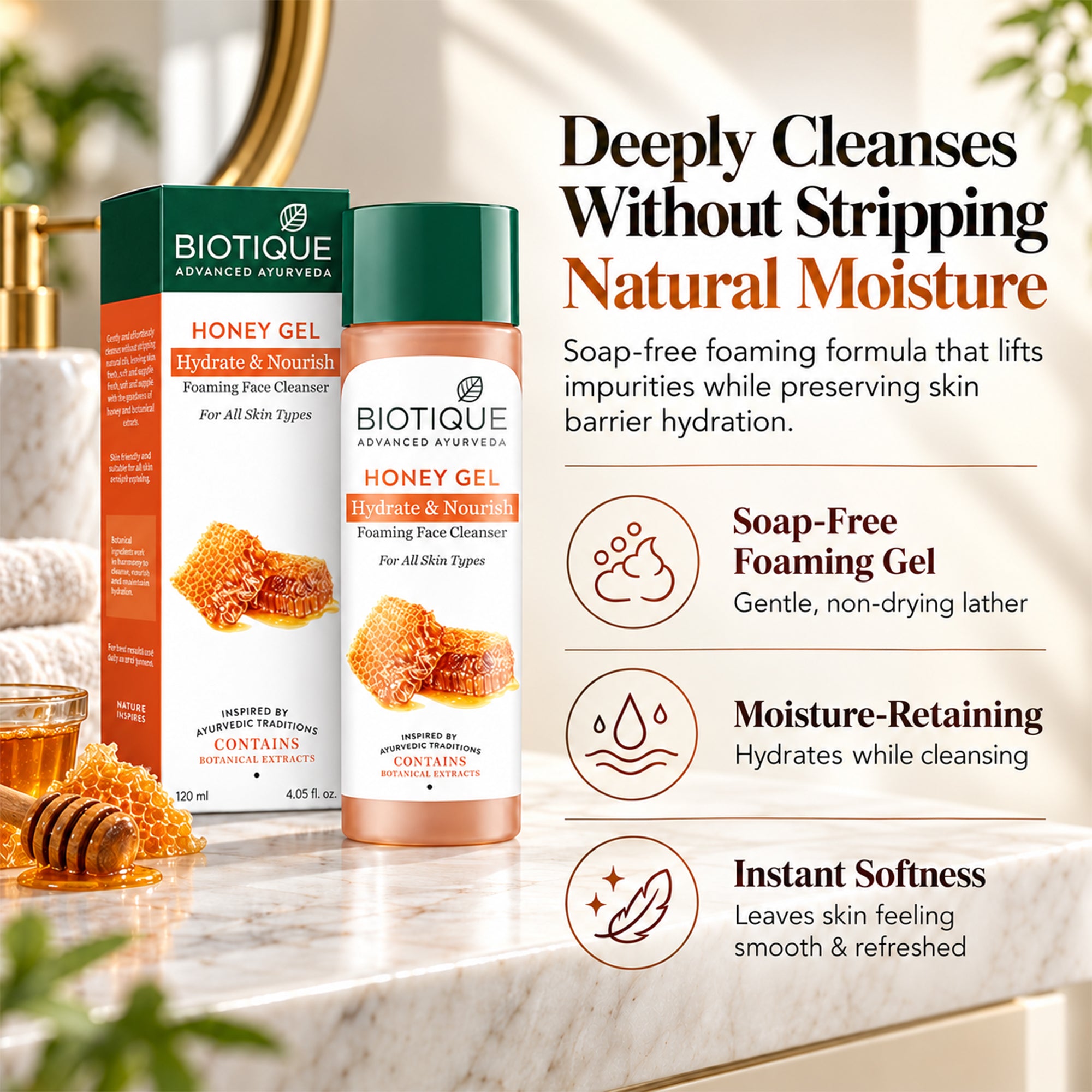 Biotique honey gel foaming face cleanser – hydrating gentle face wash for dry & sensitive skin – non-drying daily cleanser with botanical extracts, soft foam, fresh & comfortable skin feel, 4 fl. oz