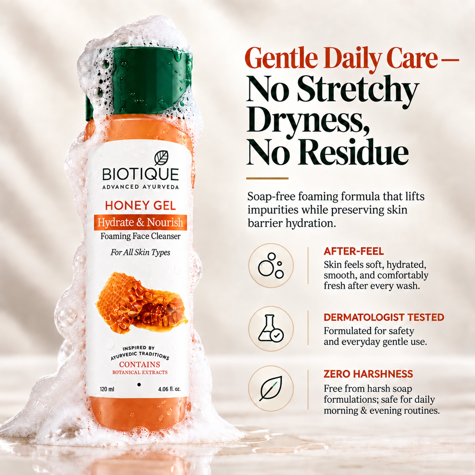 Biotique honey gel foaming face cleanser – hydrating gentle face wash for dry & sensitive skin – non-drying daily cleanser with botanical extracts, soft foam, fresh & comfortable skin feel, 4 fl. oz
