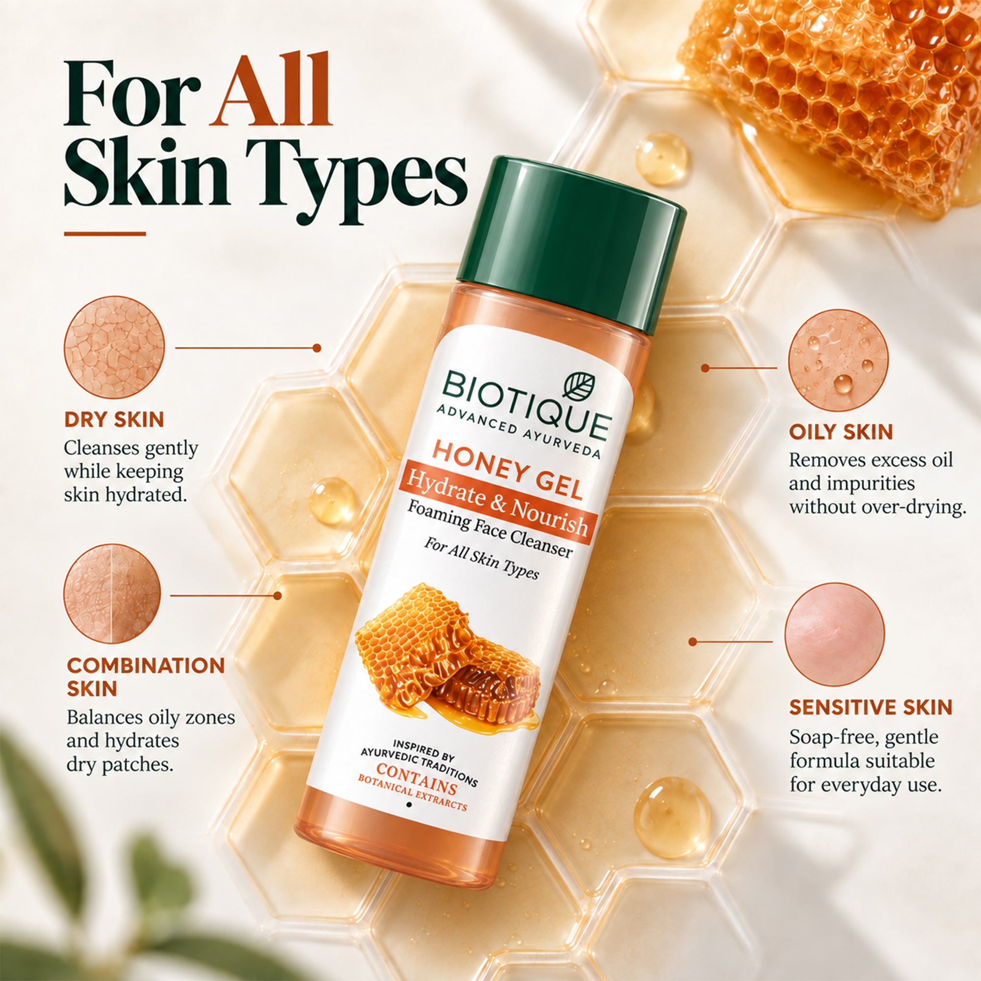 Biotique honey gel foaming face cleanser – hydrating gentle face wash for dry & sensitive skin – non-drying daily cleanser with botanical extracts, soft foam, fresh & comfortable skin feel, 4 fl. oz