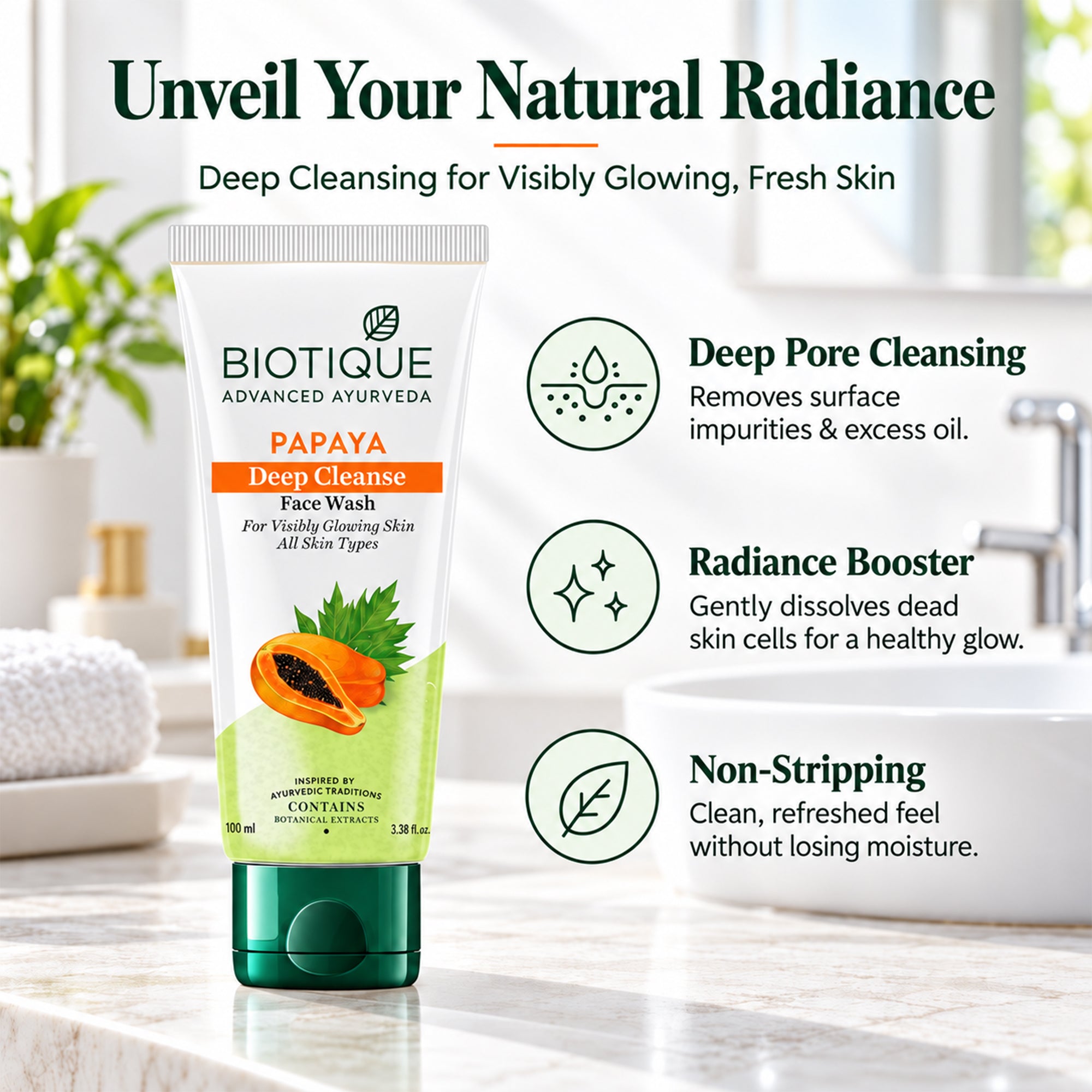 Biotique papaya face wash for fresh, glowing skin – deep cleansing daily face cleanser – removes dirt, oil & impurities without drying – gentle botanical formula for all skin types, 3.38 fl. oz