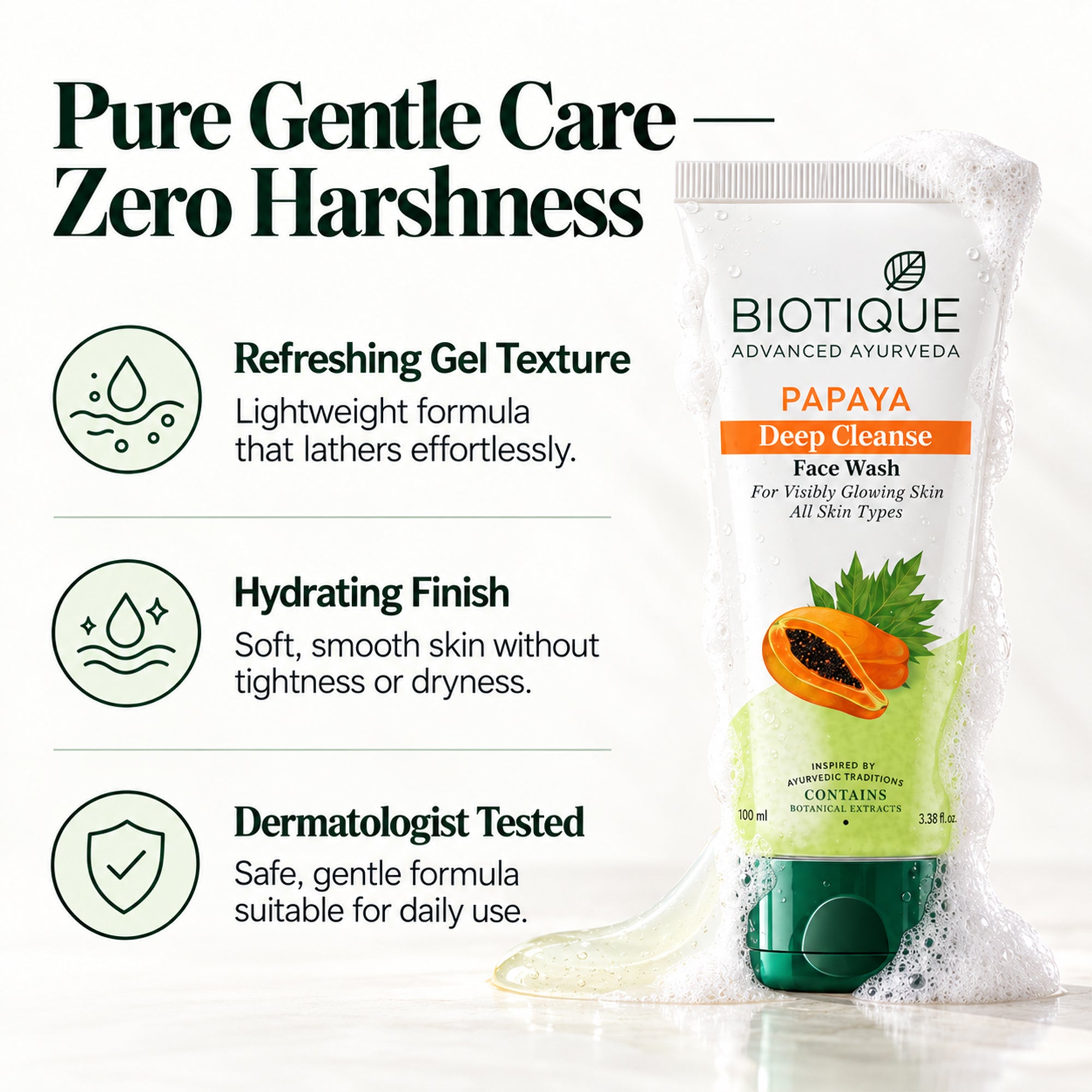 Biotique papaya face wash for fresh, glowing skin – deep cleansing daily face cleanser – removes dirt, oil & impurities without drying – gentle botanical formula for all skin types, 3.38 fl. oz