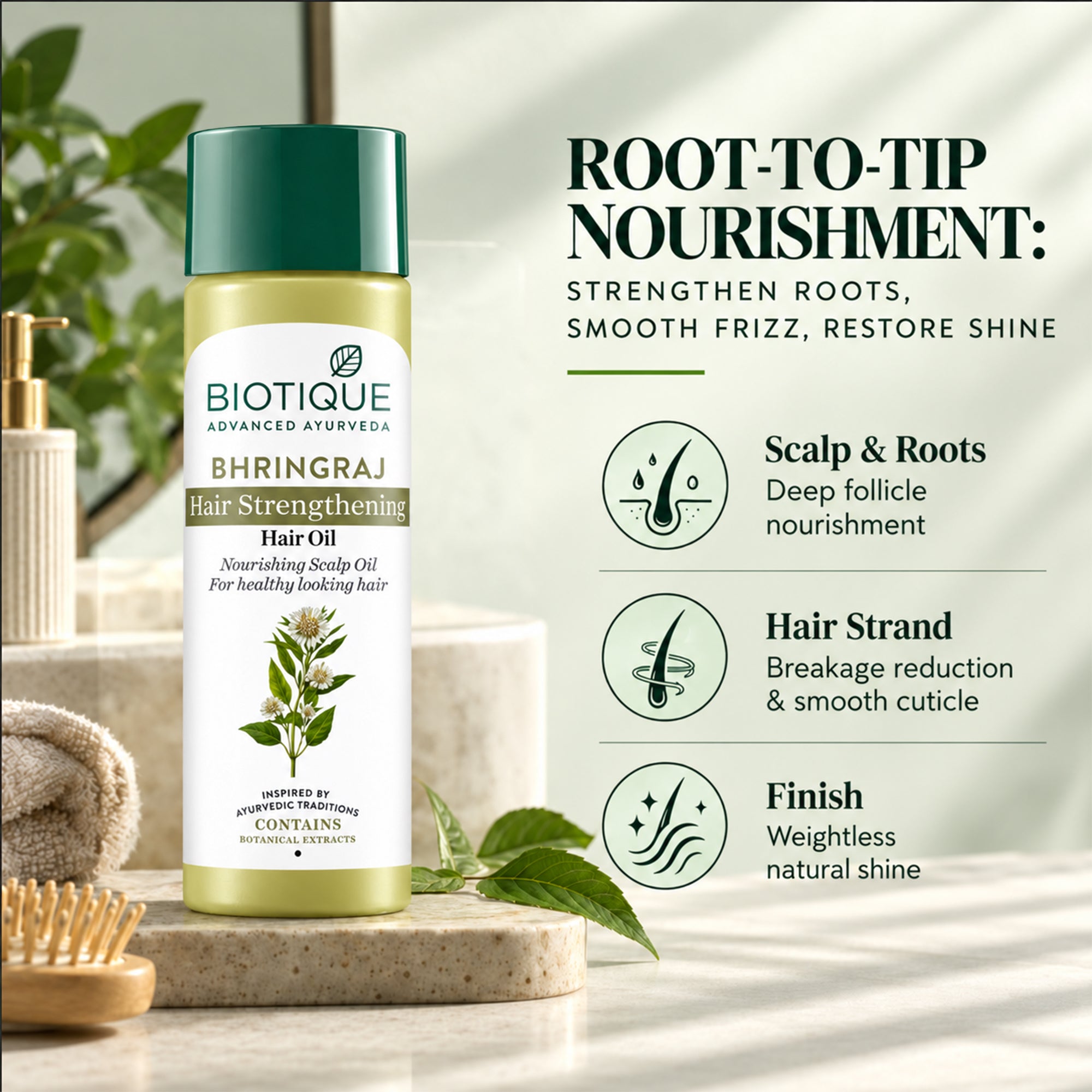Biotique bhringraj nourishing scalp & hair oil, pre-wash treatment for stronger, fuller-looking hair, helps reduce breakage, adds softness & shine, all hair types, 4 fl.oz