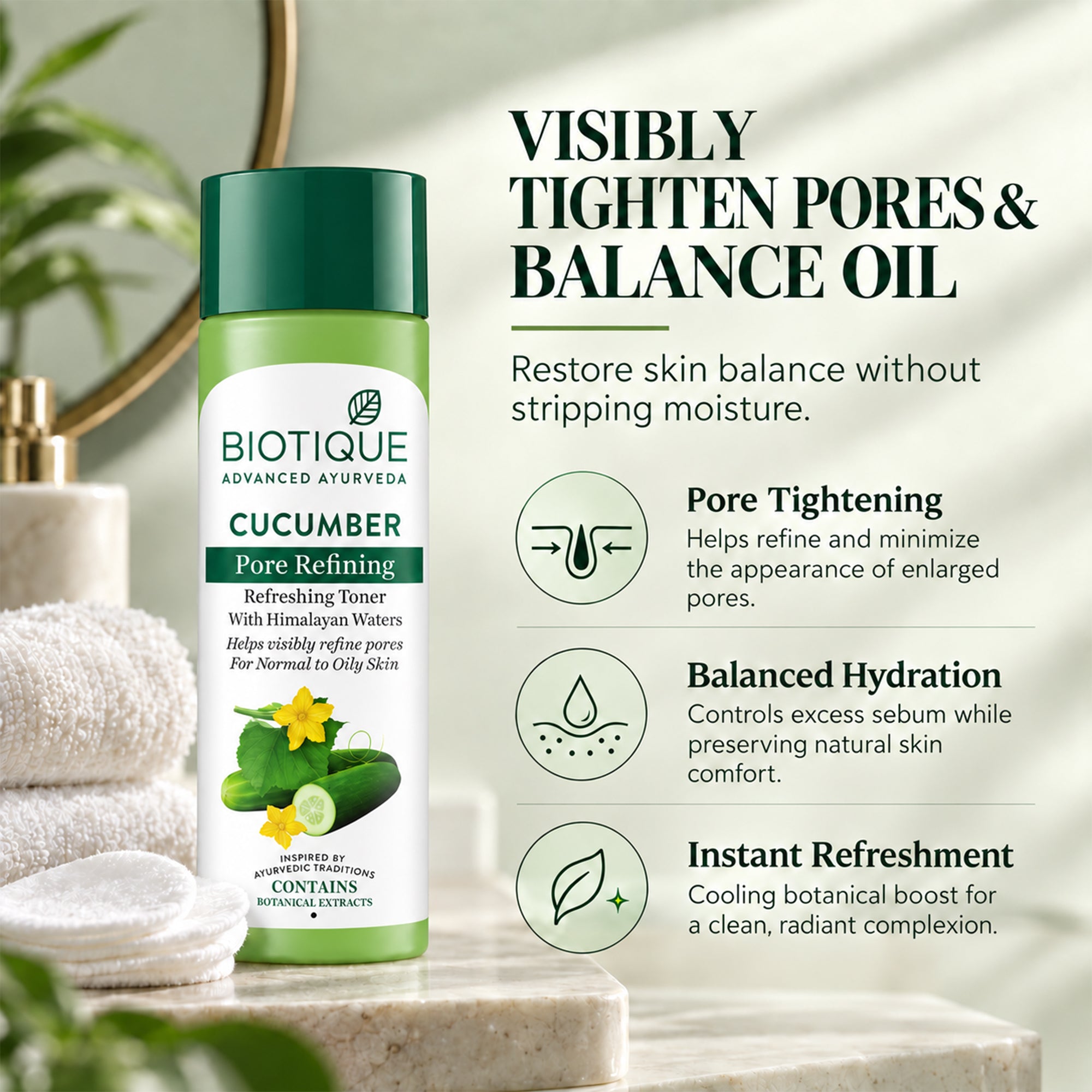 Biotique cucumber pore refining toner | refreshing face toner for oily & combination skin | helps minimize pores, control oil & remove residue | lightweight, non-sticky, daily use, 4 fl. oz