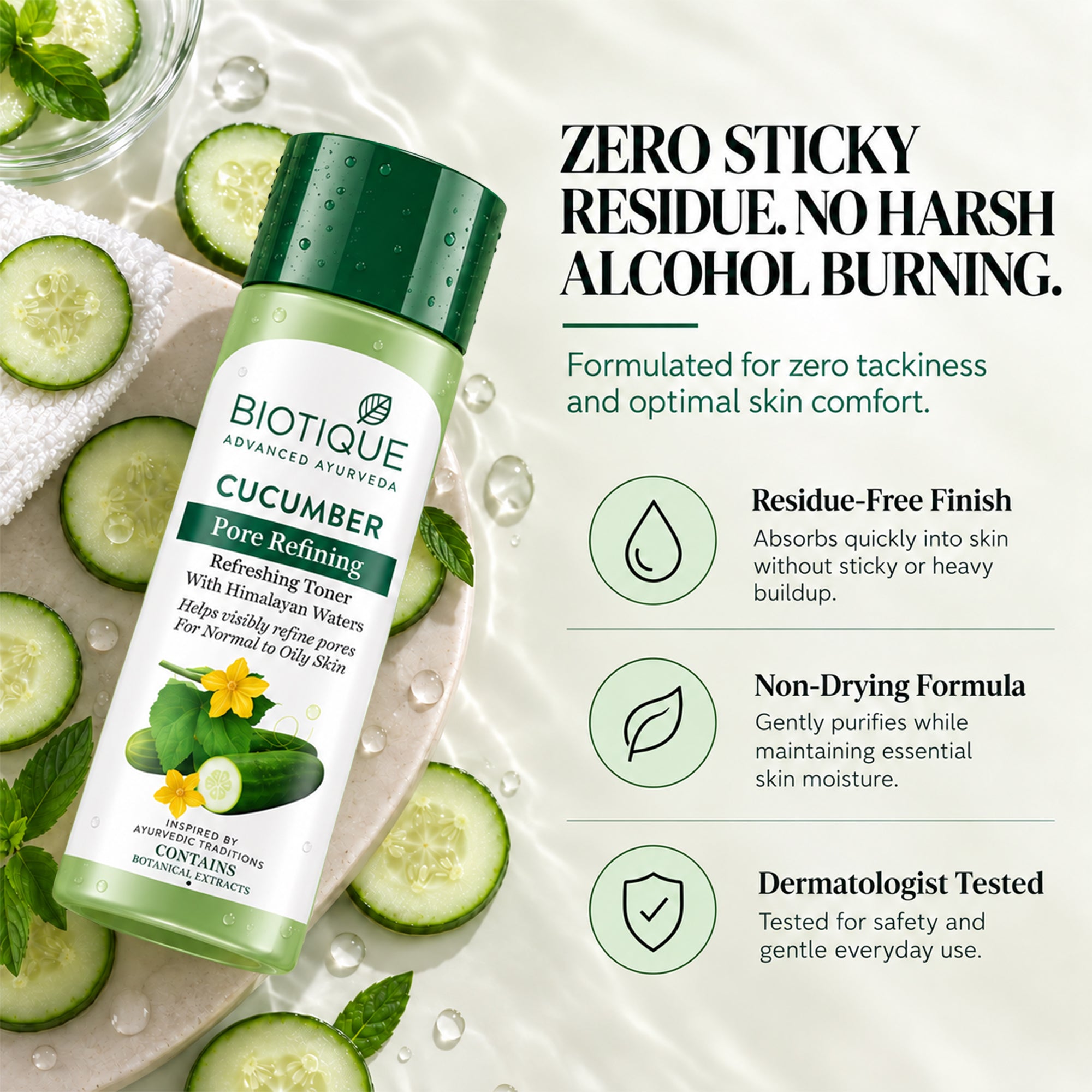Biotique cucumber pore refining toner | refreshing face toner for oily & combination skin | helps minimize pores, control oil & remove residue | lightweight, non-sticky, daily use, 4 fl. oz