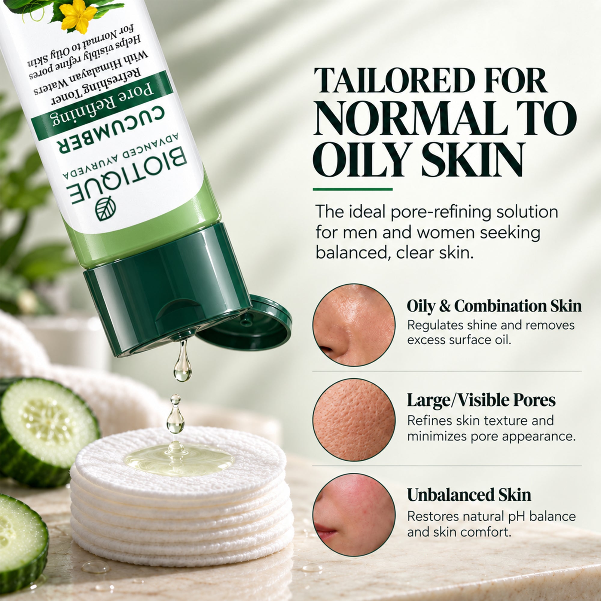Biotique cucumber pore refining toner | refreshing face toner for oily & combination skin | helps minimize pores, control oil & remove residue | lightweight, non-sticky, daily use, 4 fl. oz