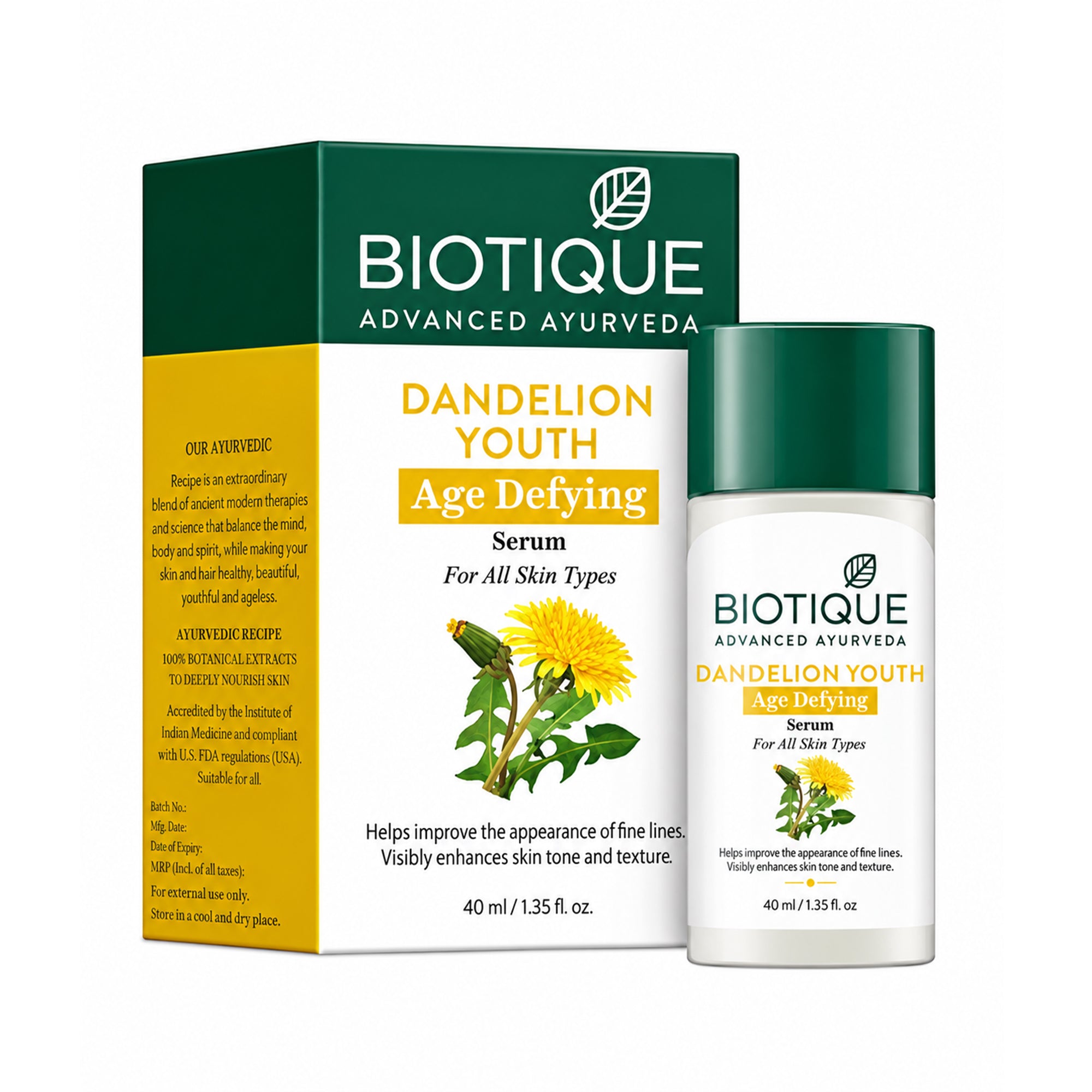 Biotique dandelion youth age defying serum for face |serum for fine lines & dull skin | lightweight botanical face serum for smoother, radiant looking skin | daily use & all skin types, 1.35 fl. oz