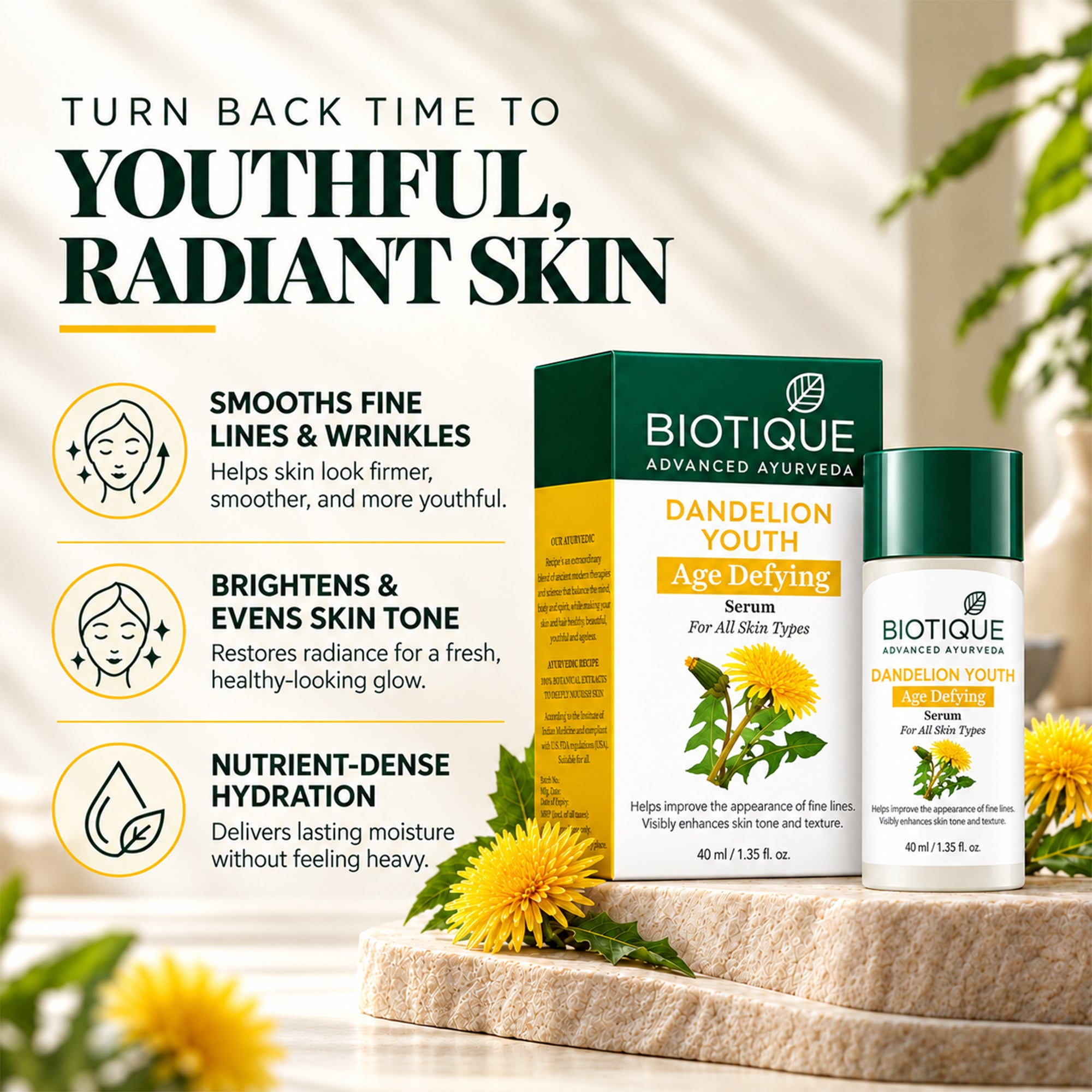 Biotique dandelion youth age defying serum for face |serum for fine lines & dull skin | lightweight botanical face serum for smoother, radiant looking skin | daily use & all skin types, 1.35 fl. oz