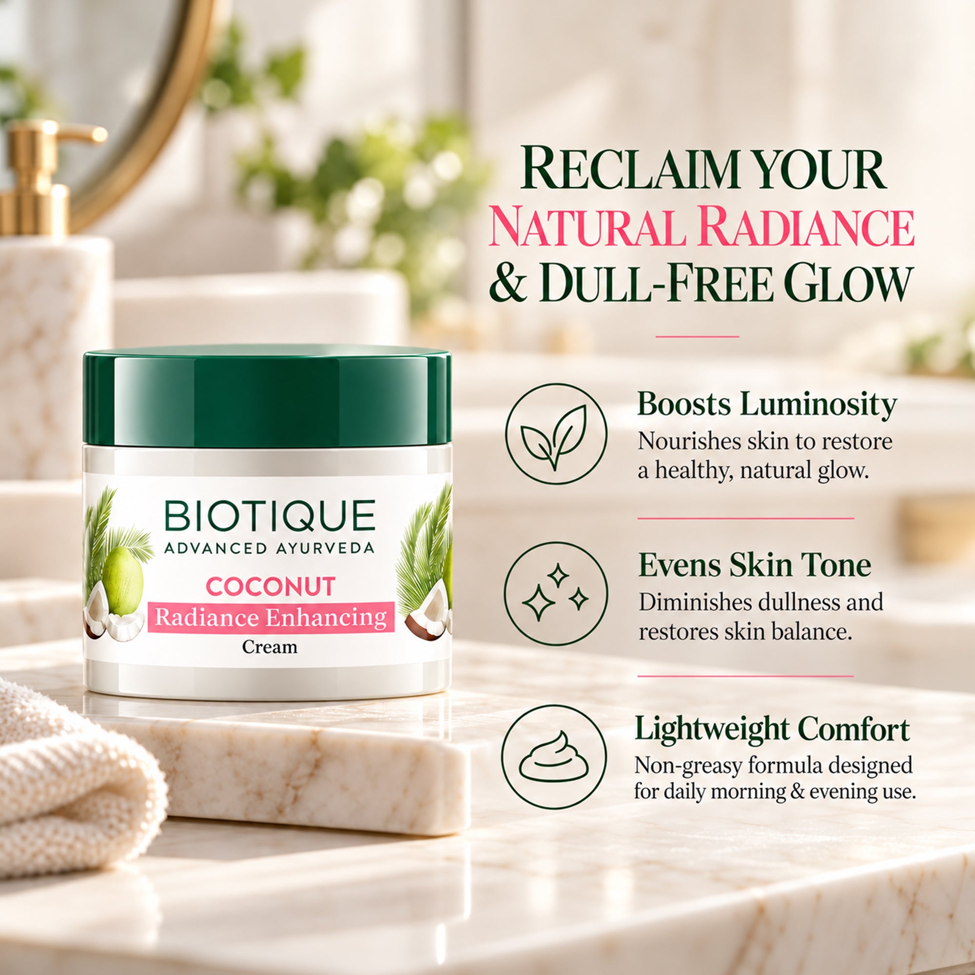 Biotique coconut radiance face cream – lightweight daily moisturizer for soft, hydrated & radiant-looking skin – non-greasy hydration with botanical extracts – for normal to dry skin, 1.76 oz