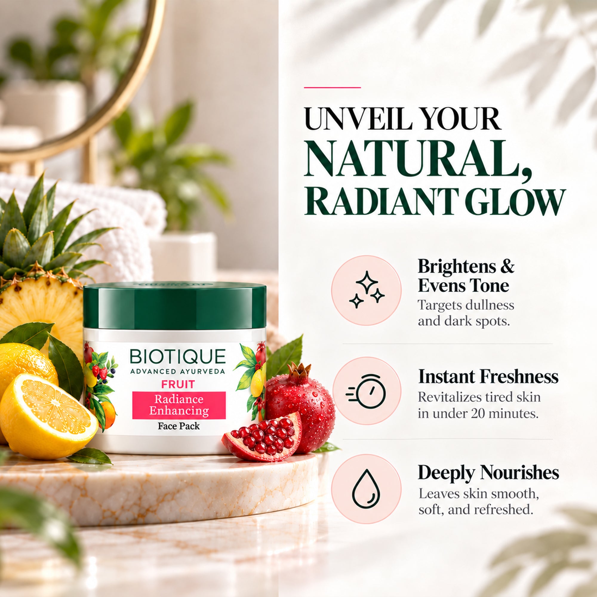 Biotique fruit radiance face mask – glow boosting face pack for dull skin, brightens & refreshes look, non-drying cream mask, smooth & soft skin feel, weekly skincare, all skin types, 2.64 oz