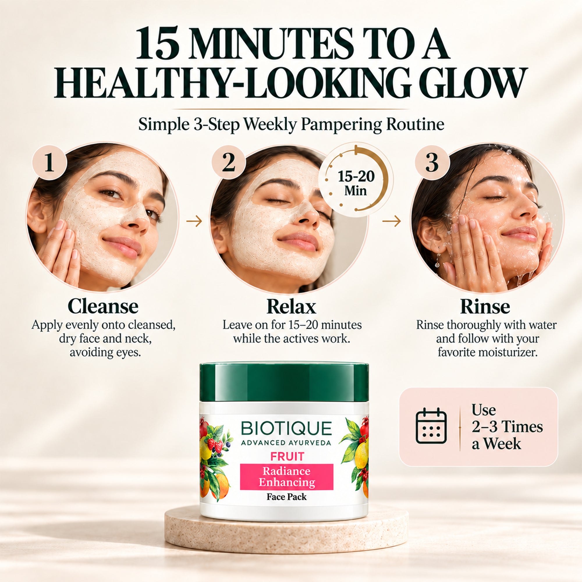 Biotique fruit radiance face mask – glow boosting face pack for dull skin, brightens & refreshes look, non-drying cream mask, smooth & soft skin feel, weekly skincare, all skin types, 2.64 oz