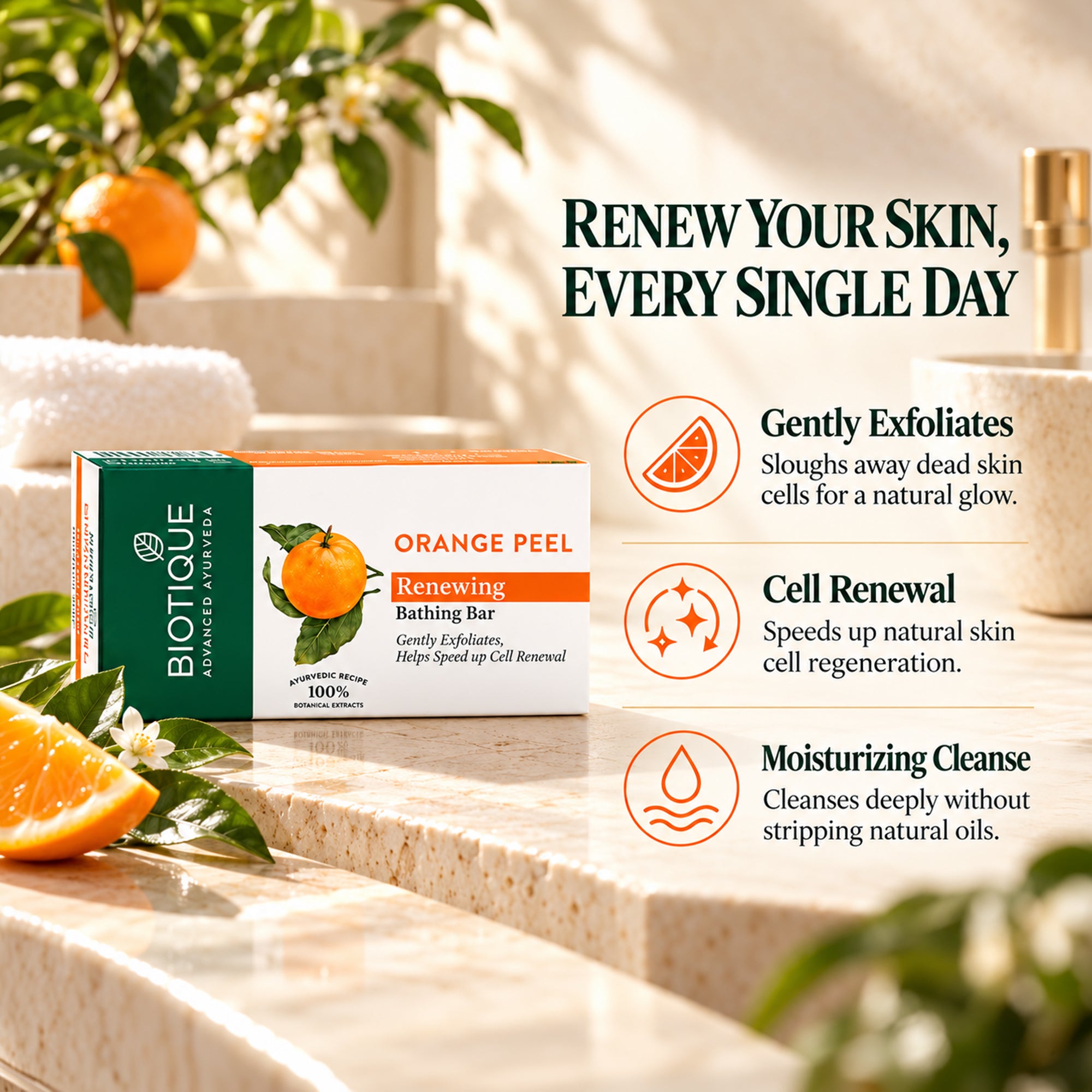 Biotique orange peel bathing bar for fresh, smooth skin – gentle exfoliating soap with orange peel extract – cleansing & non-drying daily body bar – botanical formula for all skin types, 5.29 oz