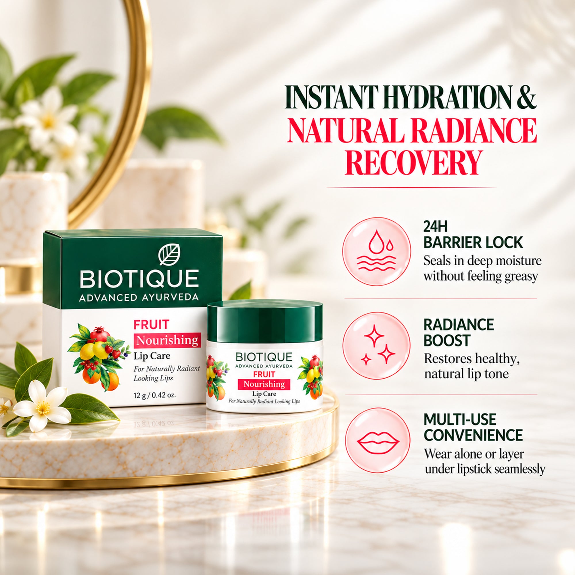 Biotique fruit nourishing lip care | hydrating lip balm for dry, chapped lips | ayurvedic natural oils & fruit extracts | soft, smooth lips | lightweight, non-waxy daily lip moisturizer, 0.42 oz