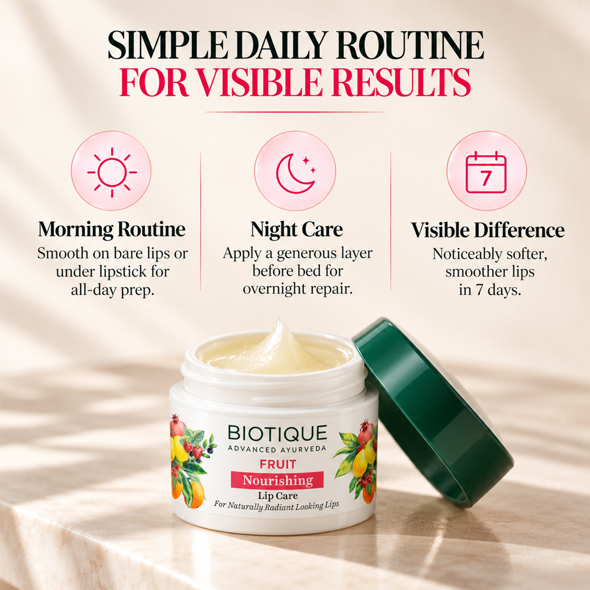 Biotique fruit nourishing lip care | hydrating lip balm for dry, chapped lips | ayurvedic natural oils & fruit extracts | soft, smooth lips | lightweight, non-waxy daily lip moisturizer, 0.42 oz