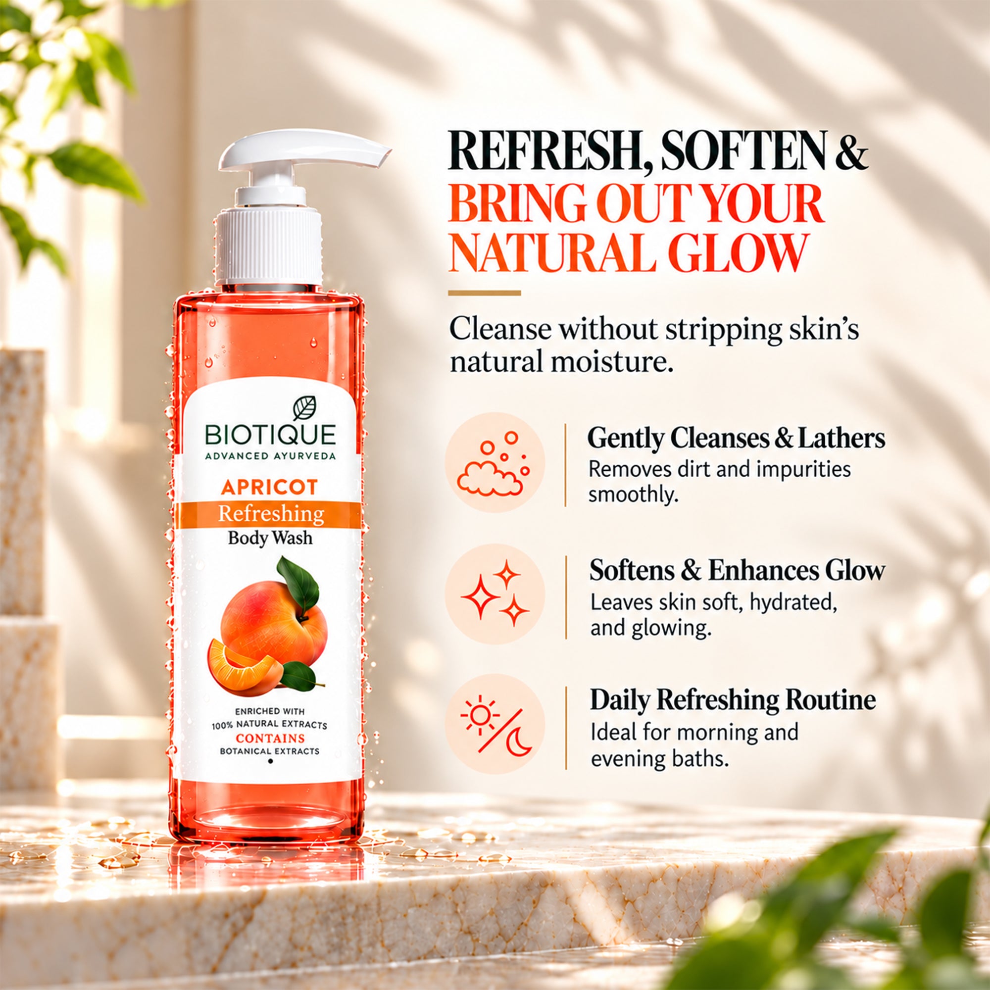 Biotique apricot refreshing body wash for women & men – gentle daily cleanser, non-drying formula, leaves skin soft, smooth & fresh – light gel with botanical extracts, 6.76 fl.