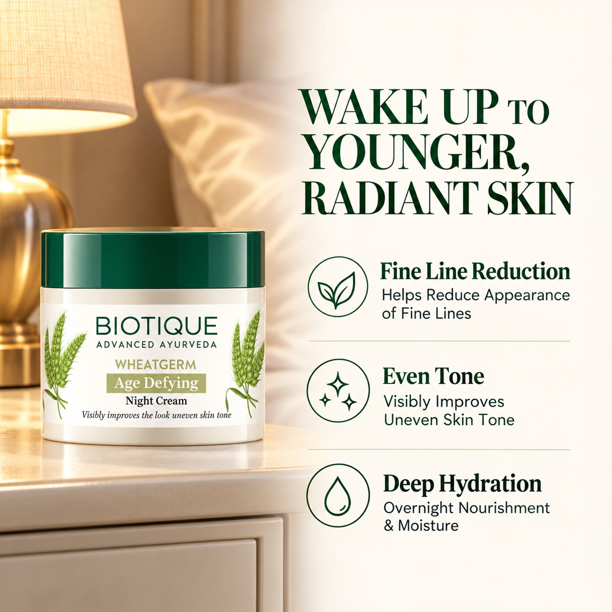 Biotique wheatgerm night cream for smooth, hydrated skin – nourishing overnight moisturizer – reduce appearance of fine lines & improve skin tone – botanical formula for normal to dry skin, 1.76 oz