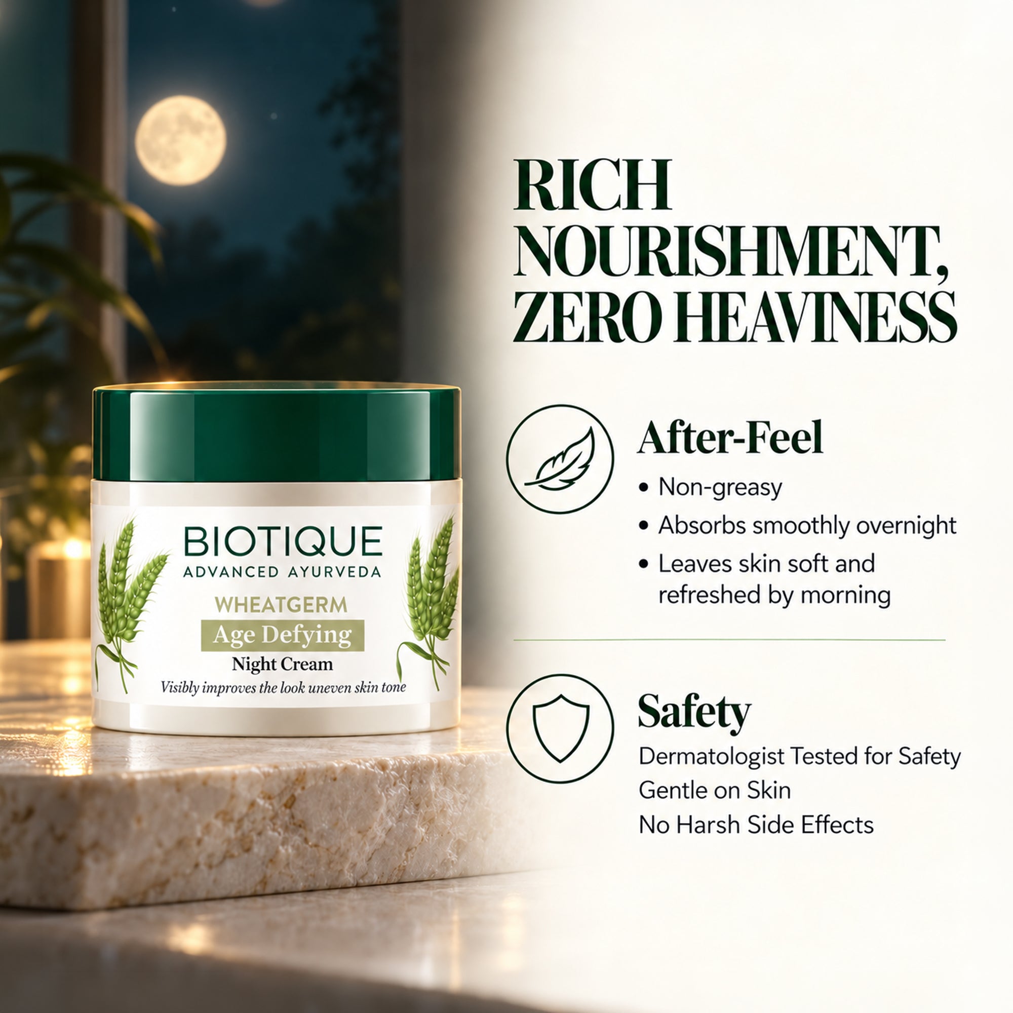 Biotique wheatgerm night cream for smooth, hydrated skin – nourishing overnight moisturizer – reduce appearance of fine lines & improve skin tone – botanical formula for normal to dry skin, 1.76 oz