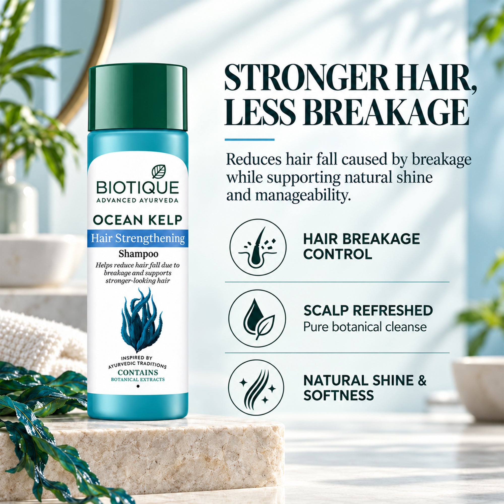Biotique ocean kelp hair strengthening shampoo – helps reduce hair fall due to breakage, gentle daily cleanse for stronger, fuller-looking hair, botanical & ayurvedic formula, 6.42 fl. oz