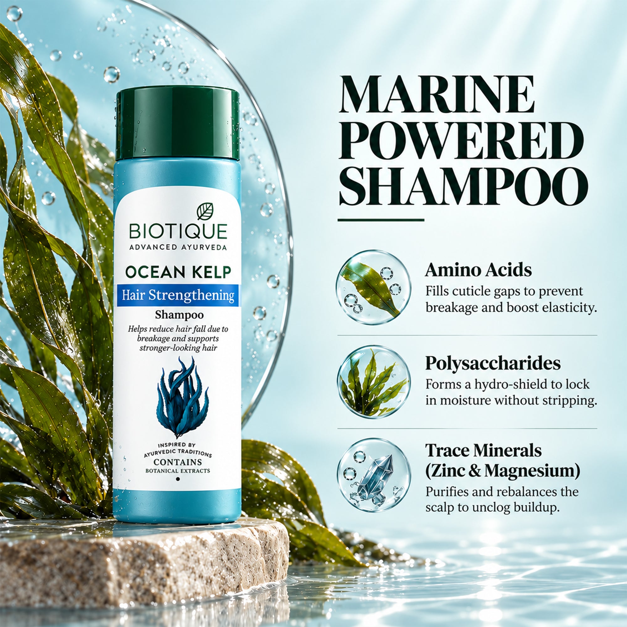 Biotique ocean kelp hair strengthening shampoo – helps reduce hair fall due to breakage, gentle daily cleanse for stronger, fuller-looking hair, botanical & ayurvedic formula, 6.42 fl. oz