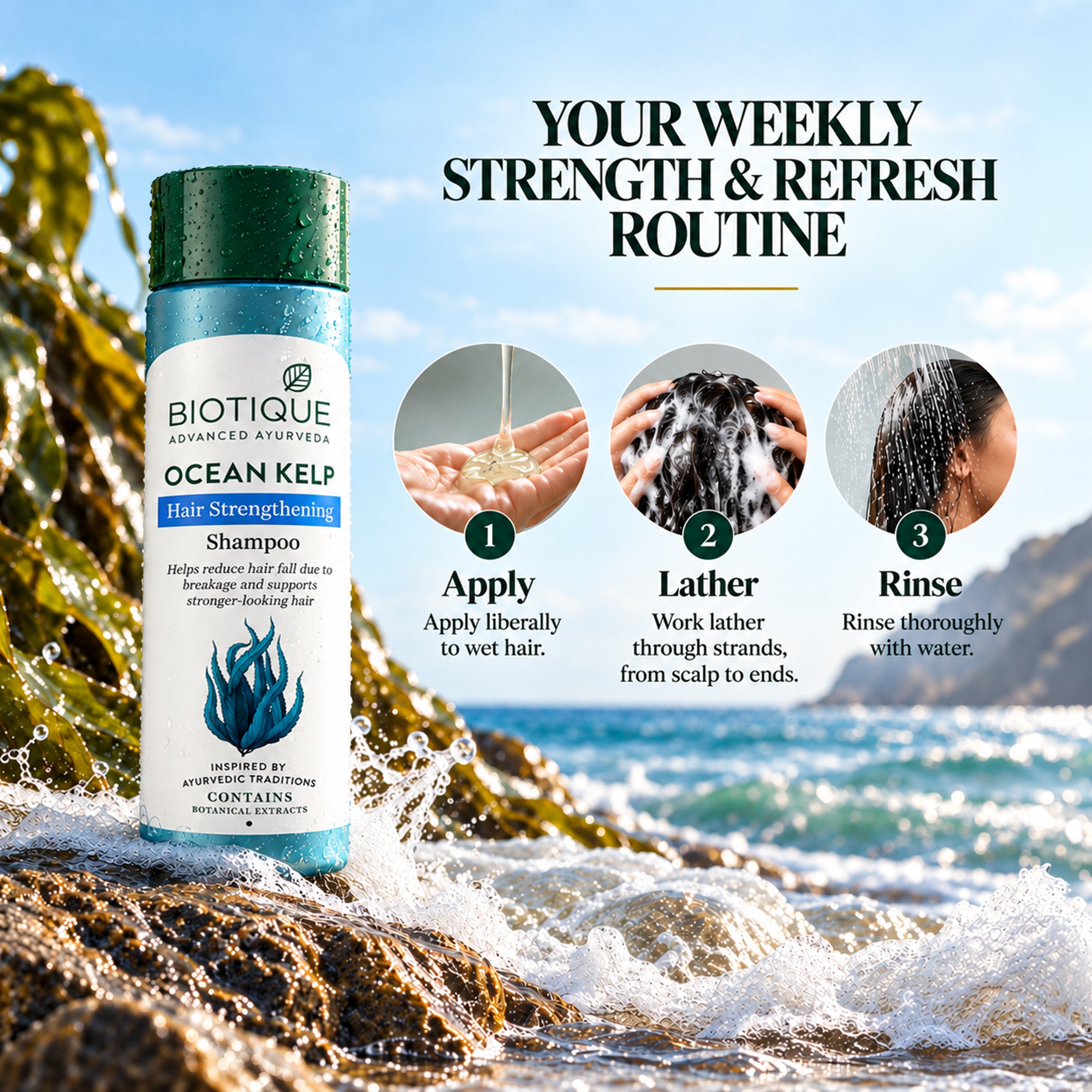 Biotique ocean kelp hair strengthening shampoo – helps reduce hair fall due to breakage, gentle daily cleanse for stronger, fuller-looking hair, botanical & ayurvedic formula, 6.42 fl. oz