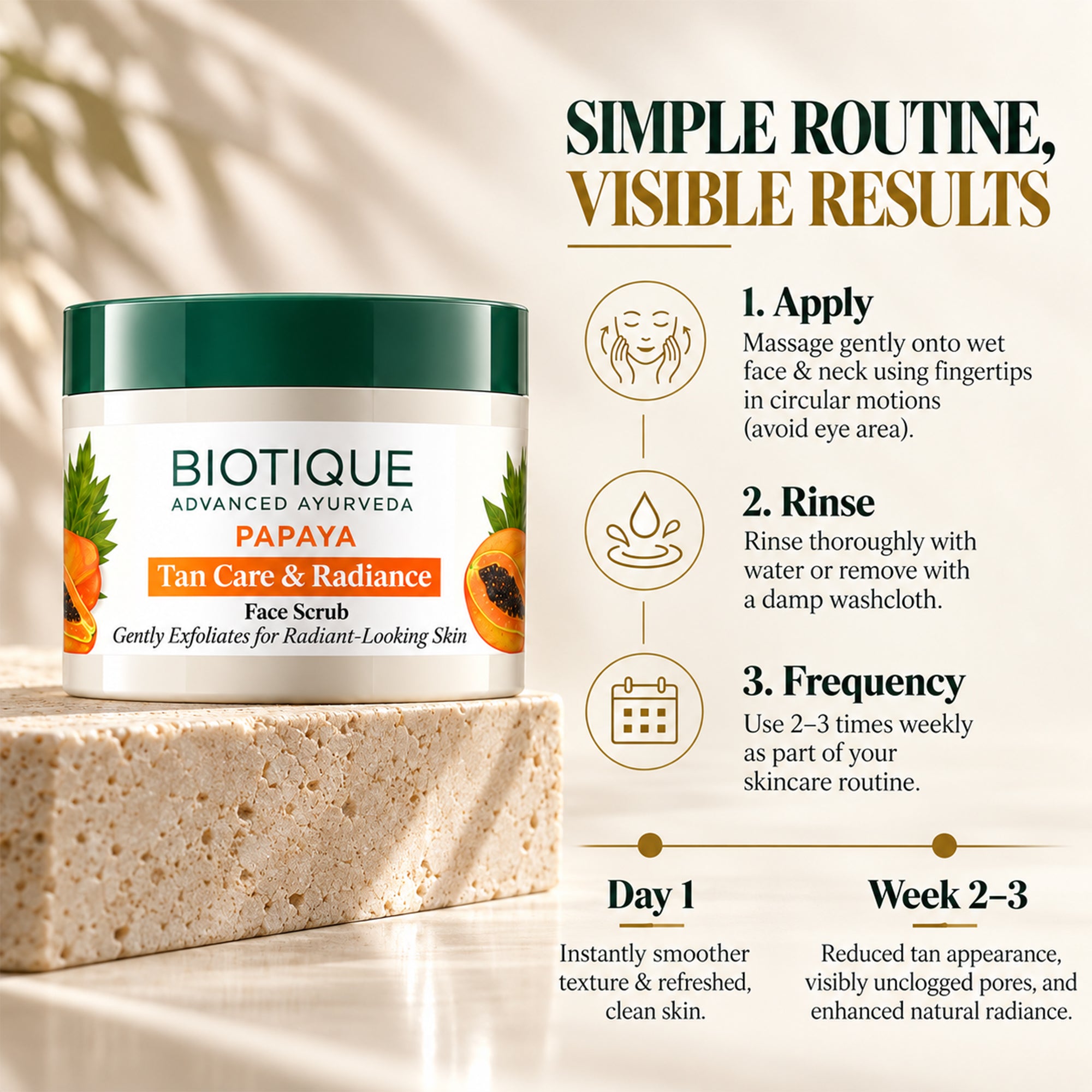 Biotique papaya face scrub for smooth, radiant skin – gentle exfoliating scrub for dull & uneven texture – creamy botanical formula with papaya extract – all skin types, 2.64 oz