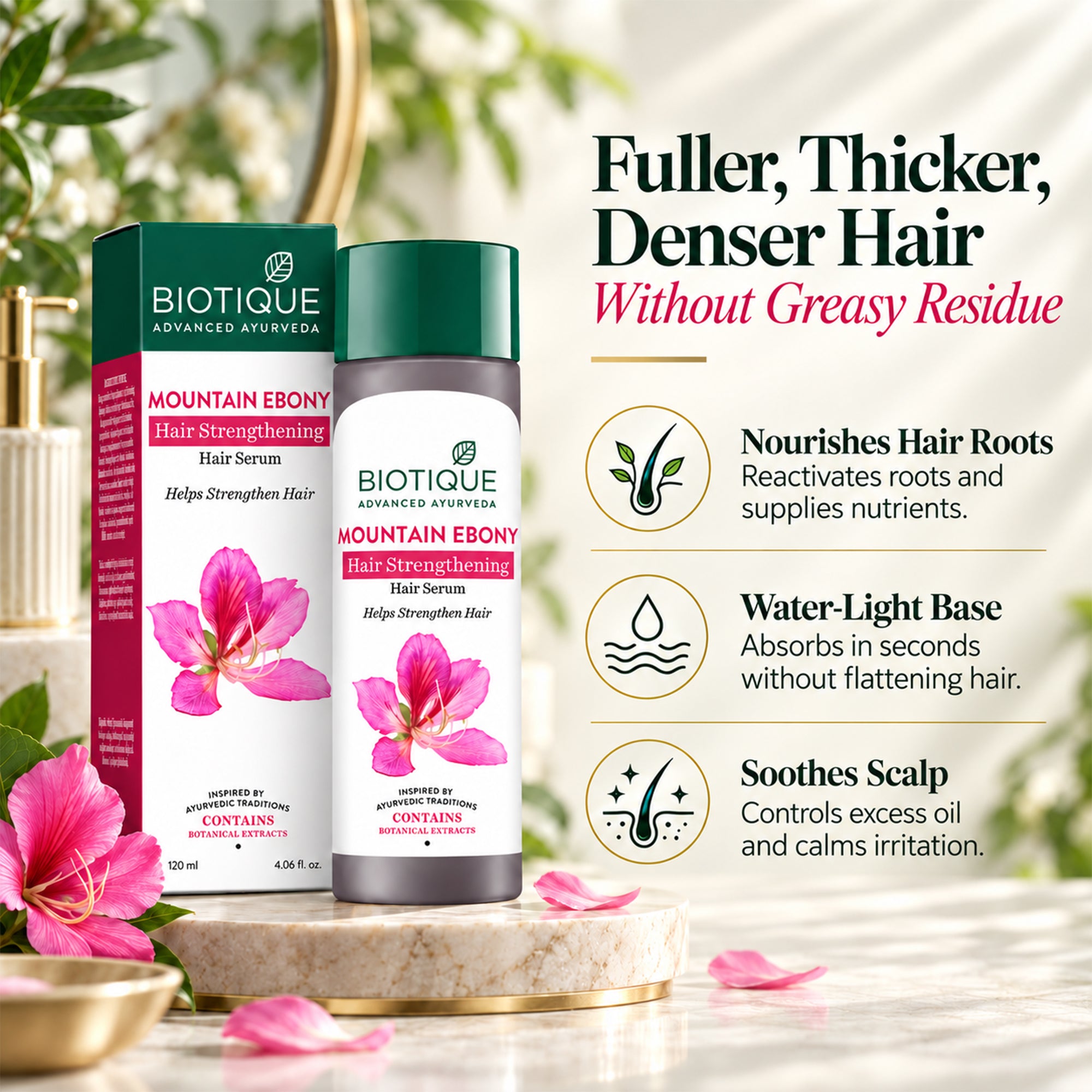 Biotique mountain ebony hair serum for frizzy & dry hair – lightweight, non-greasy leave-in treatment for smooth, shiny, manageable hair – botanical formula for daily use, 4 fl. oz.