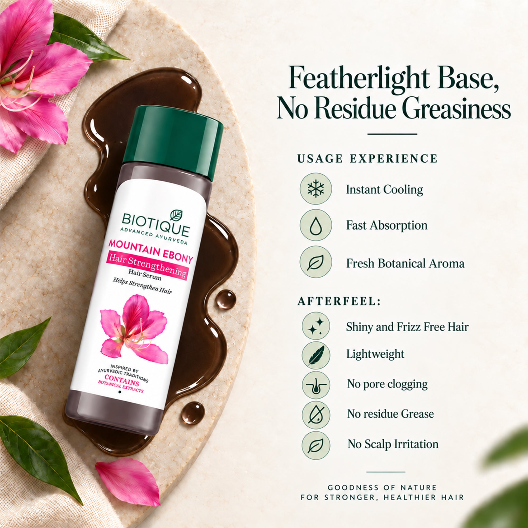 Biotique mountain ebony hair serum for frizzy & dry hair – lightweight, non-greasy leave-in treatment for smooth, shiny, manageable hair – botanical formula for daily use, 4 fl. oz.