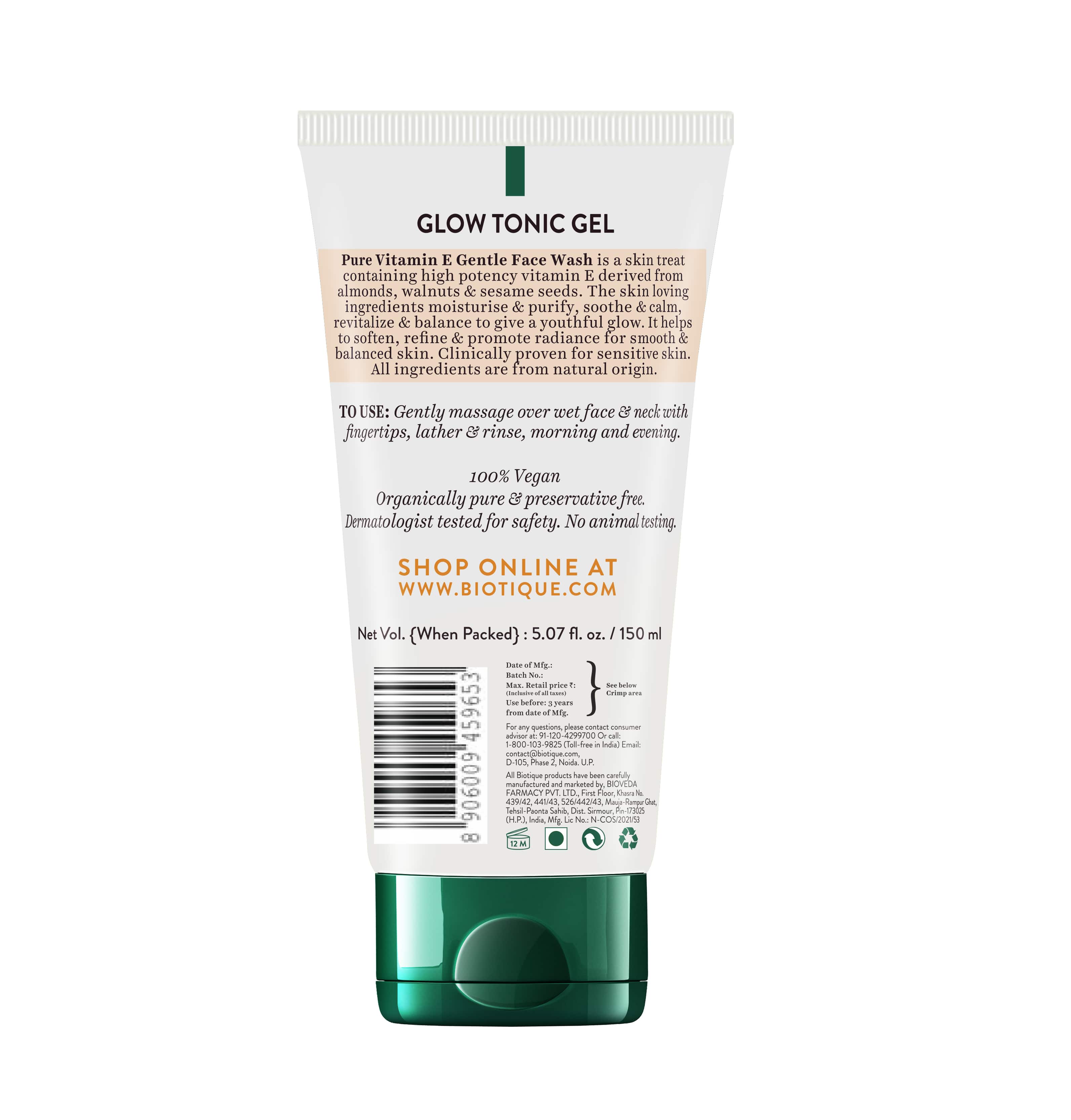 Buy GLOW TONIC GEL Pure Vitamin E Gentle Face Wash 150ml Online at Best  Price – Biotique