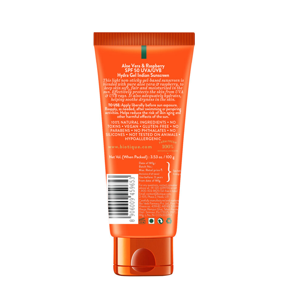 BIOTIQUE ALOE VERA & RASPBERRY SPF 50 Hydra Gel Indian Sunscreen 100g